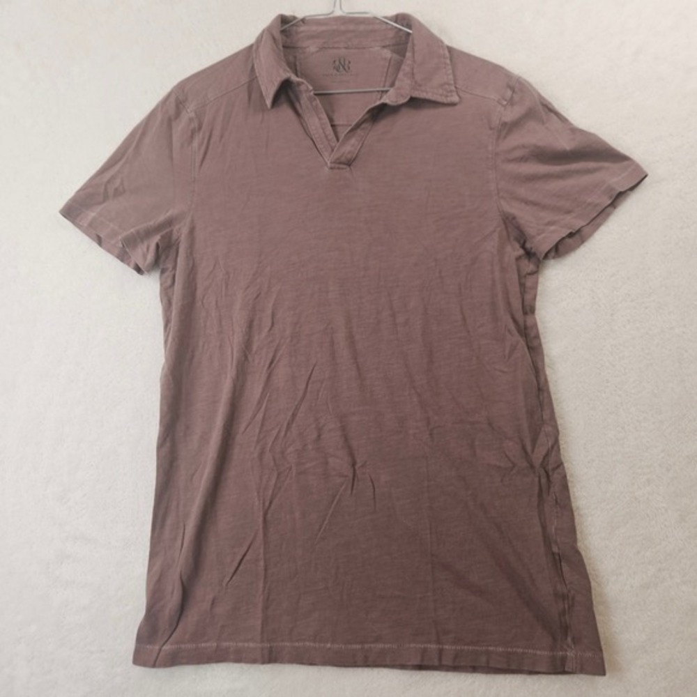 Rock & Republic Mens Small Slub Knit Short Sleeve V-Neck Polo Shirt Mauve Brown